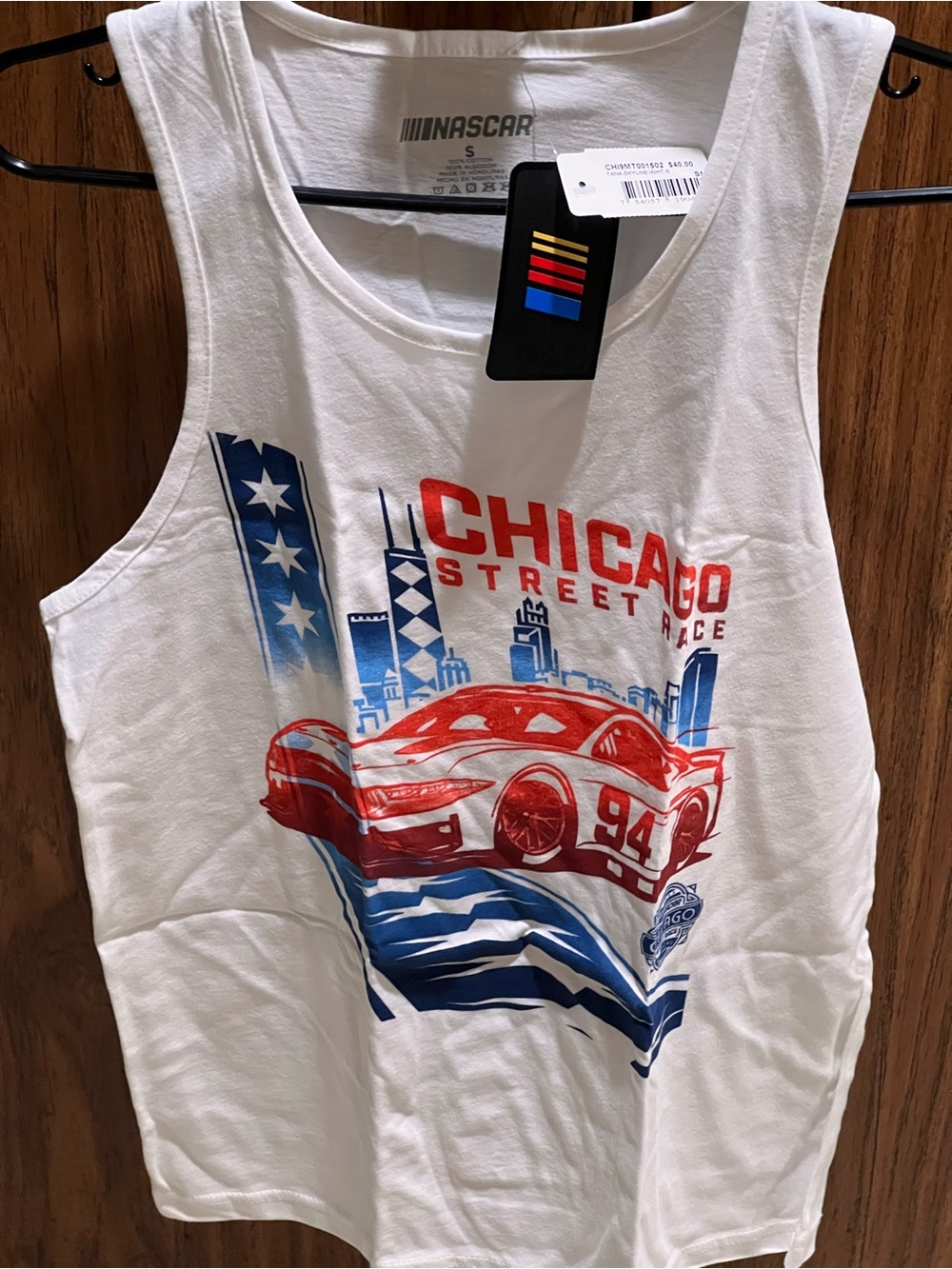 Nascar White Tank with Multicolor Logo Tag